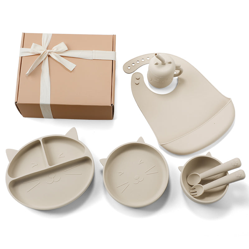 TYRY.HU 7 Piece Silicone Baby Feeding Set-Plate & Bowl & Bib & Cup &  Utensils (CAT Series)