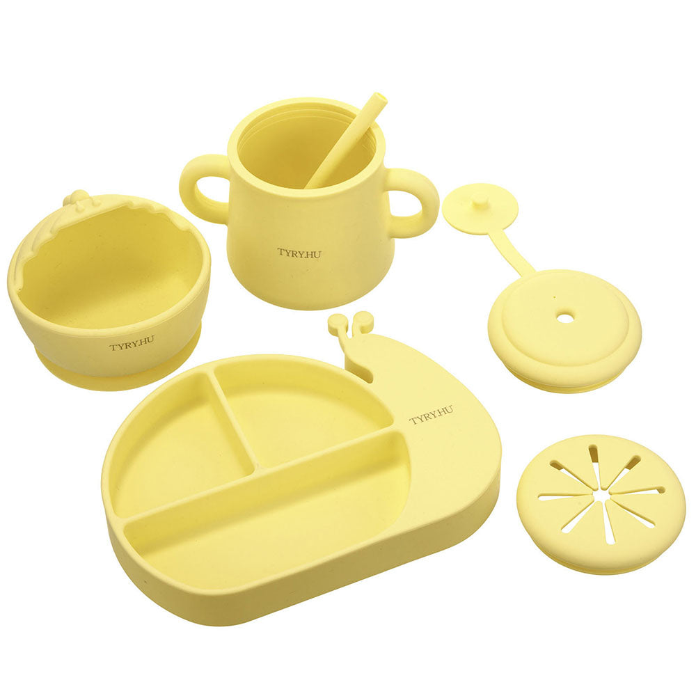 TYRY.HU Brand Baby Feeding Supplies Snail Shape -Silicone Suction Bowls  Divided Plates Straw Sippy Cup - Toddler Self Eating Utensils Dishes Set