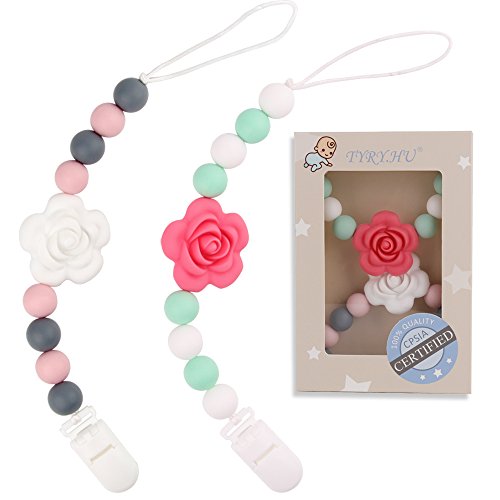 Rose Teething Pacifier Clips (White & Red) - TYRY.HU