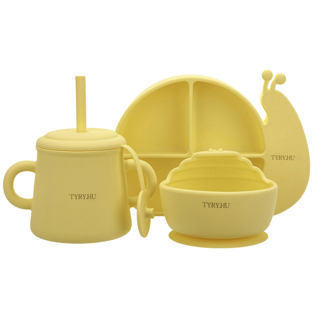 TYRY.HU Brand Baby Feeding Supplies Snail Shape -Silicone Suction Bowls Divided Plates Straw Sippy Cup - Toddler Self Eating Utensils Dishes Set